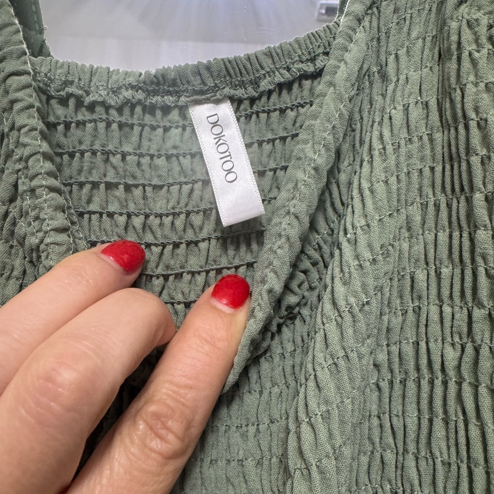 Sage Green Wide-Leg Jumpsuit with Smocked Bodice w/Pockets! - Picture 3 of 7